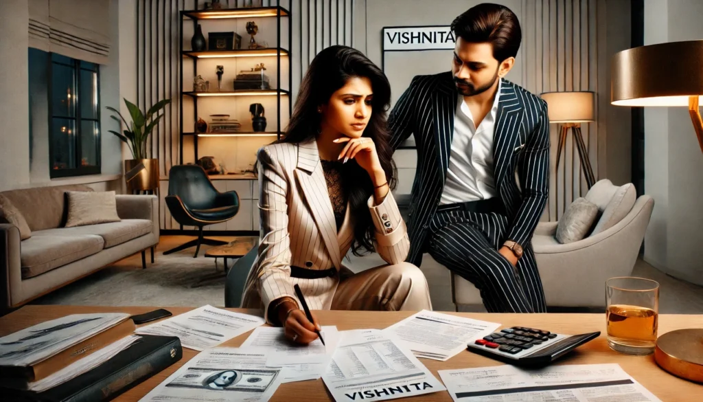 "A young professional Indian couple in their mid-30s, dressed in business attire, sitting in their luxurious apartment. The woman, wearing a subtly branded 'VISHNITA' outfit, looks worried while reviewing financial documents at her desk. The man sits beside her, discussing solutions to their financial concerns. The apartment is decorated with designer furniture, expensive gadgets, and high-end fashion items. A stack of unpaid bills and a credit card statement on the table suggest financial stress despite their high-income lifestyle."